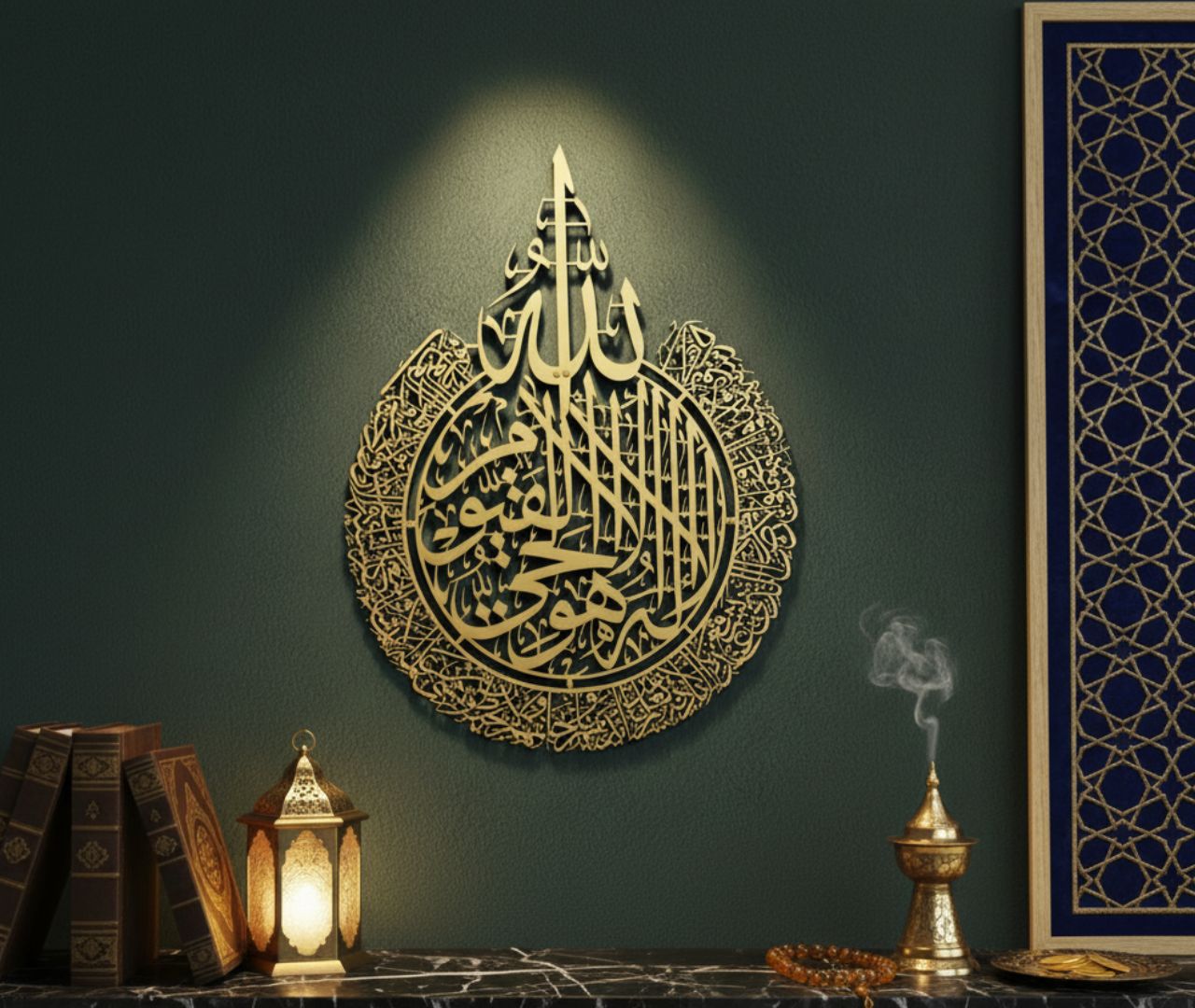 Decorative wall art with Arabic calligraphy on a dark green wall, accompanied by books and a lantern.