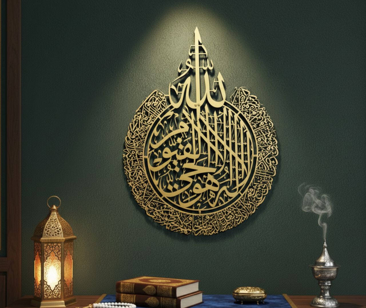 Decorative wall art with Arabic calligraphy on a dark green wall, accompanied by a lantern and incense burner. Luxury wall calligraphy 